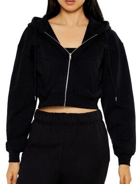 Forever 21 Black Cropped Zip-Up Hoodie Drop Shoulder Size Large